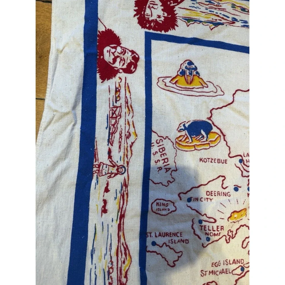 VTG Majestic Alaska Map Souvenir Linen Tablecloth Handkerchief LARGE 44x49 60s